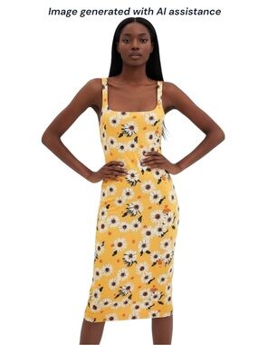 Zara L yellow floral fitted tank midi dress